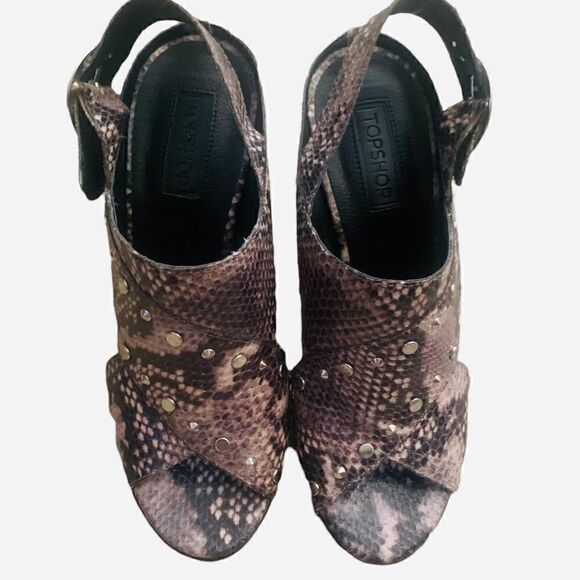 TopShop Brown Embellished Snakeskin Print Block Heel Sandals Size 38 - Picture 3 of 14
